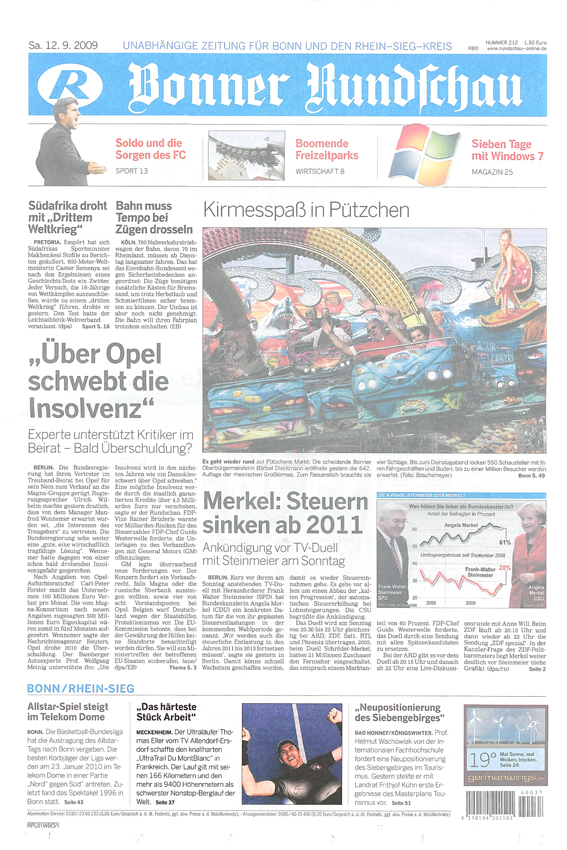 Titelseite Bonner Rundschau vom 12. September 2009